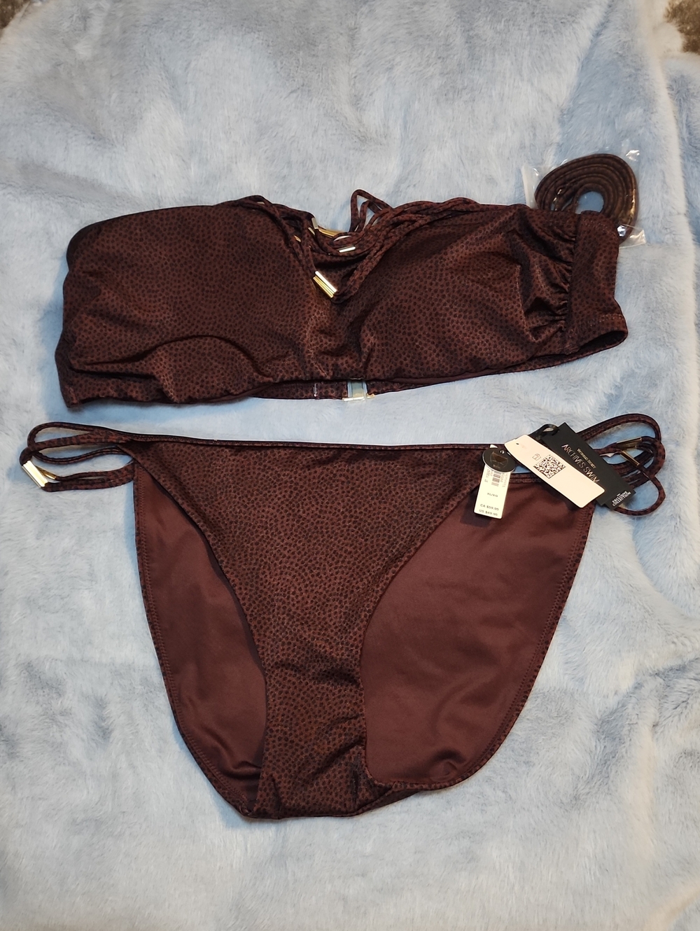 Victoria's Secret Archives Swim Dark Brown & Dots Bandeau Bikini Set Size XL NWT